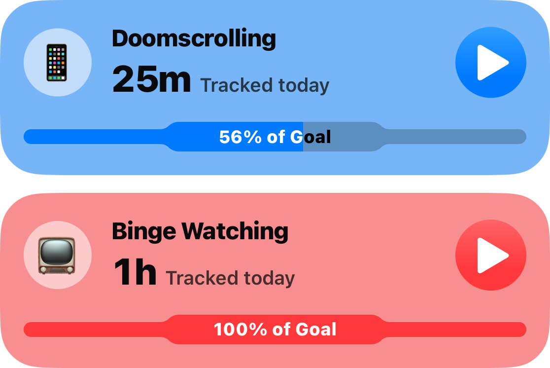 Two habit cards from the main list: Doomscrolling at 25 minutes, 56 percent of its goal, and Binge Watching at an hour, its whole limit used